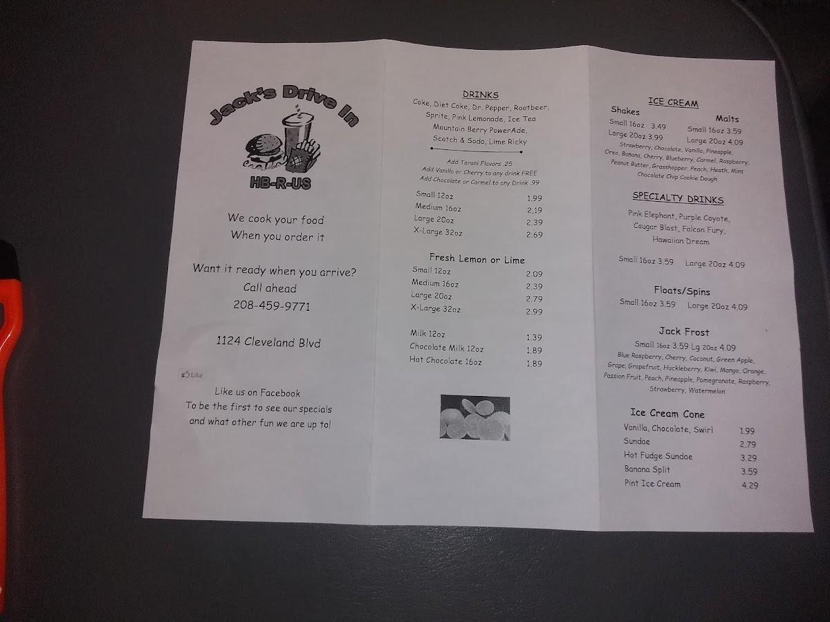 Menu at Jack's Drive In restaurant, Caldwell