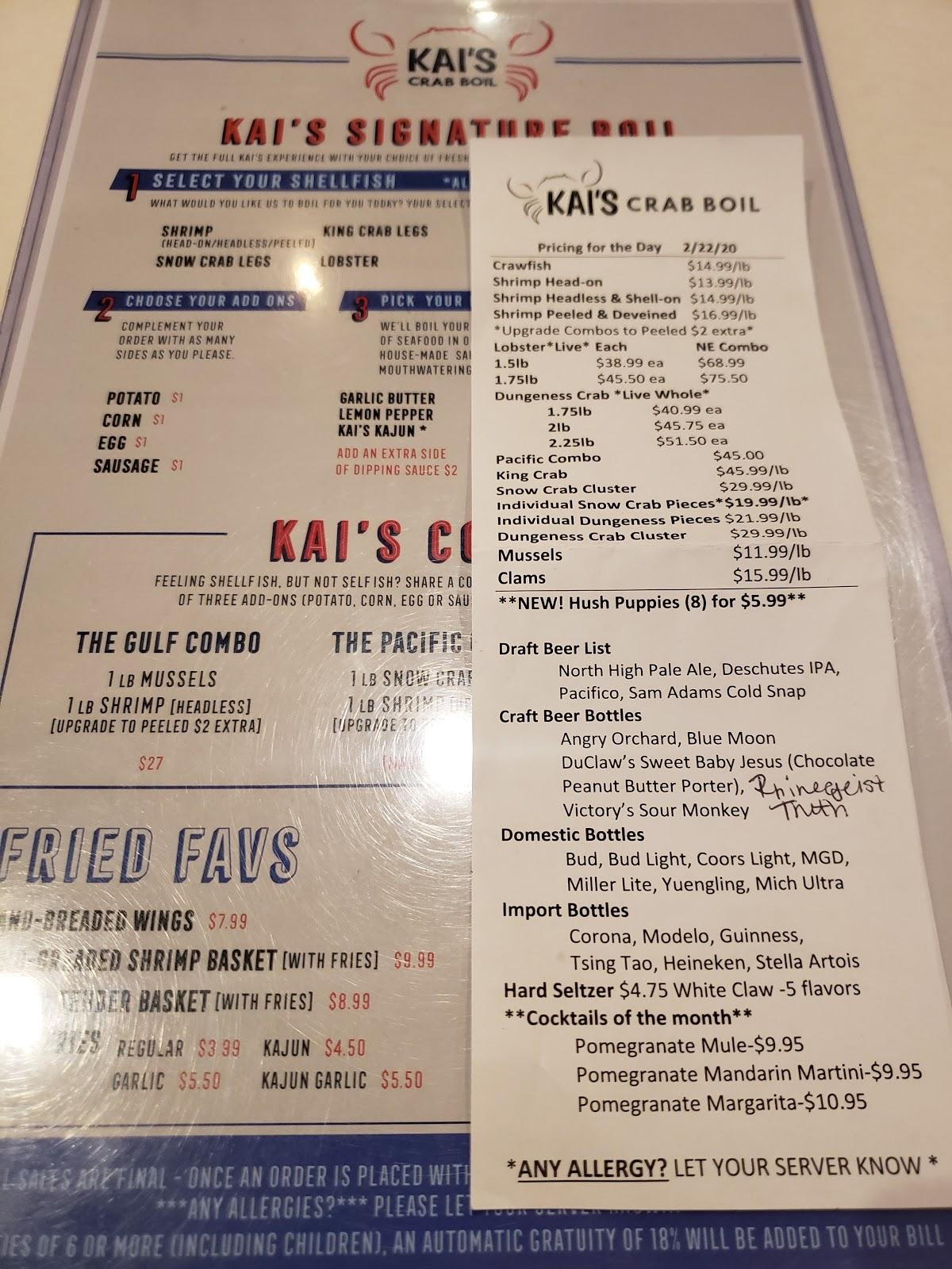 Menu at Kai's Crab Boil restaurant, Columbus