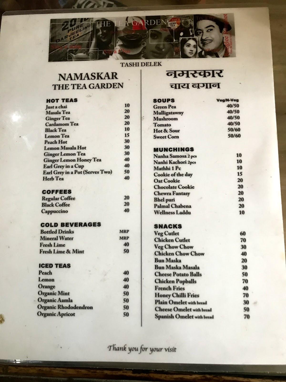 Menu at Namaskar The tea garden, Dehradun