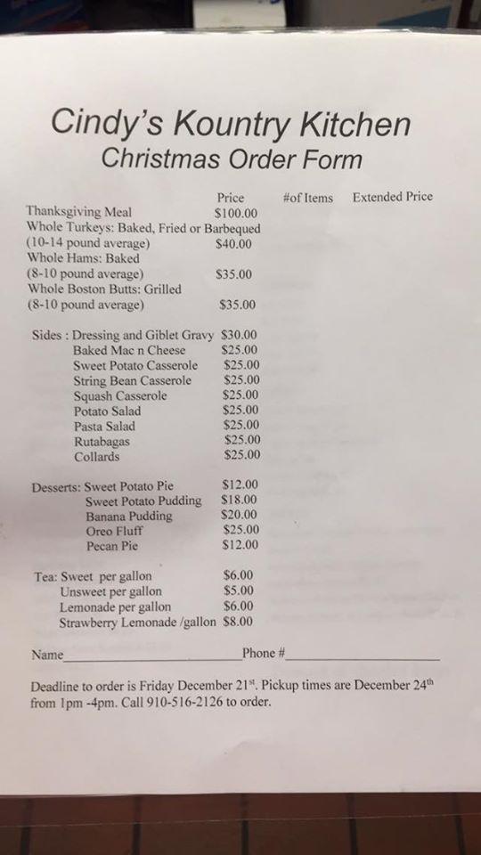 Menu at Cindy's Kountry Kitchen restaurant, Chadbourn