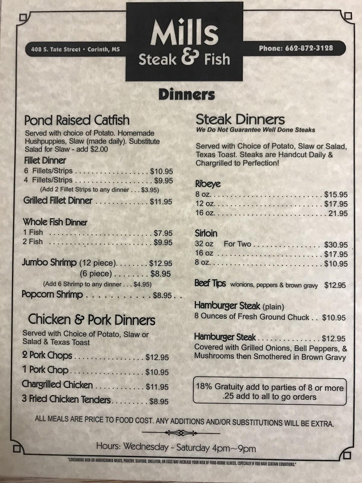 Menu at Mills Steak And Fish steakhouse, Corinth