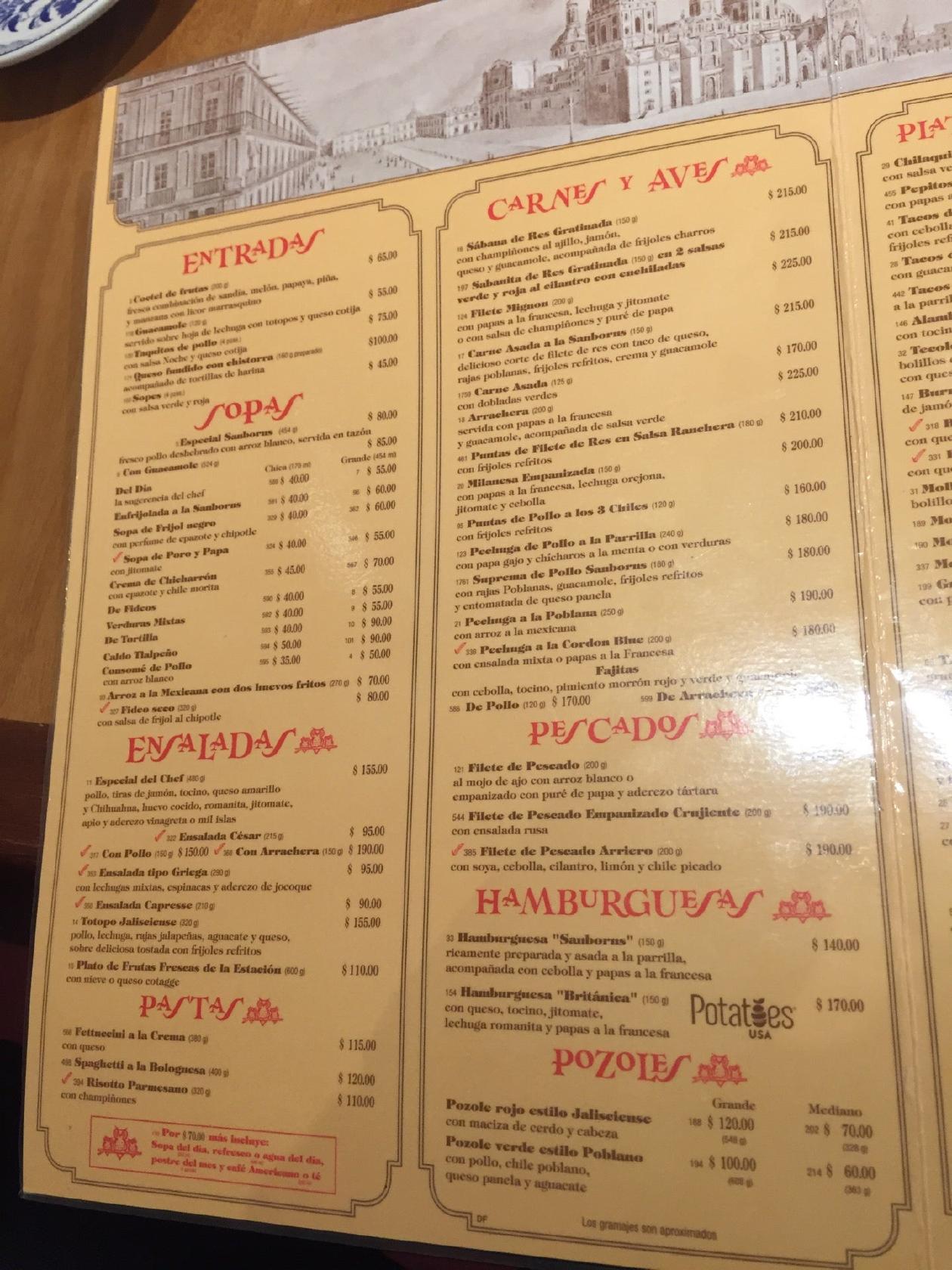 Carta del restaurante Sanborns Masaryk, Ciudad del México, Hegel 345