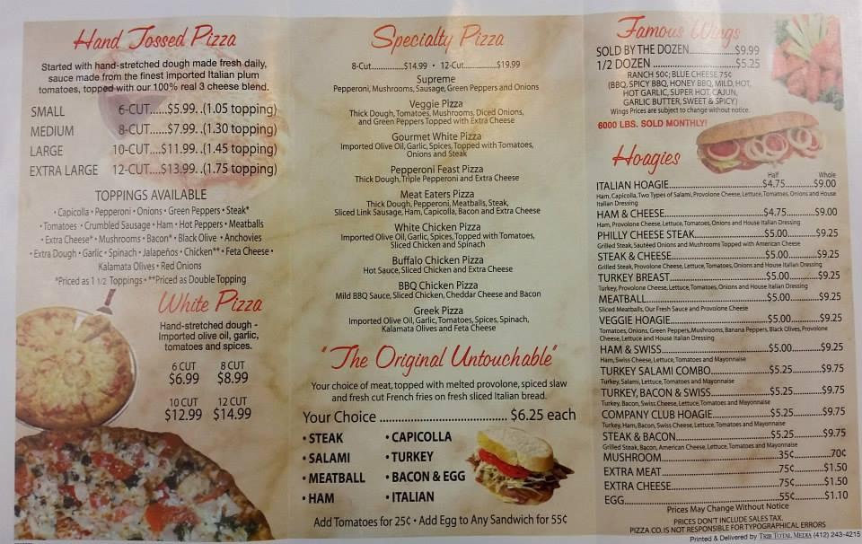 Menu at The Pizza Company pizzeria, USA, PA51