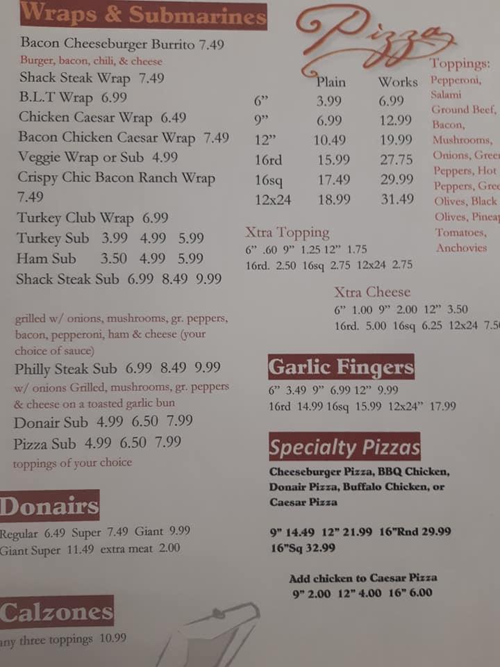 Menu at Pizza Shack restaurant, PerthAndover
