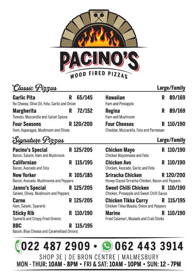 Pacinos menu deals malmesbury