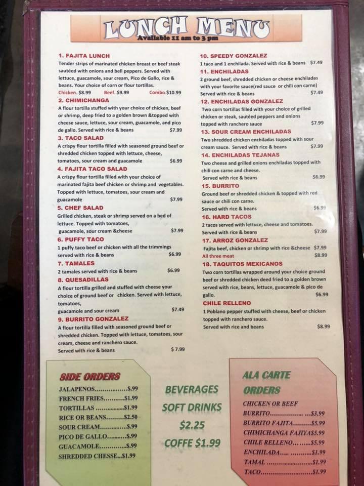 Menu at Gonzalez mexican restaurant, Haynesville