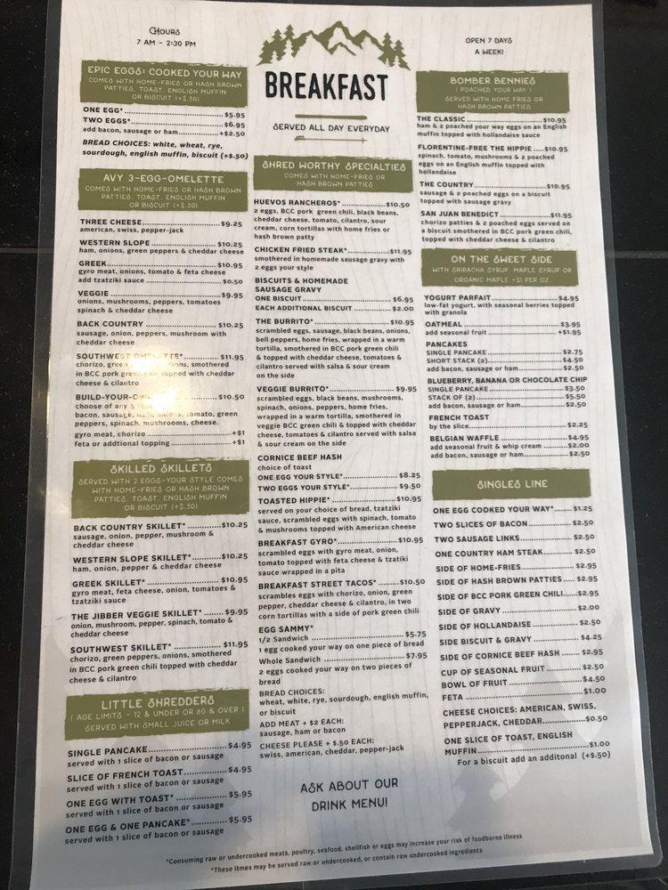 Menu at Back Country Cafe, Gunnison