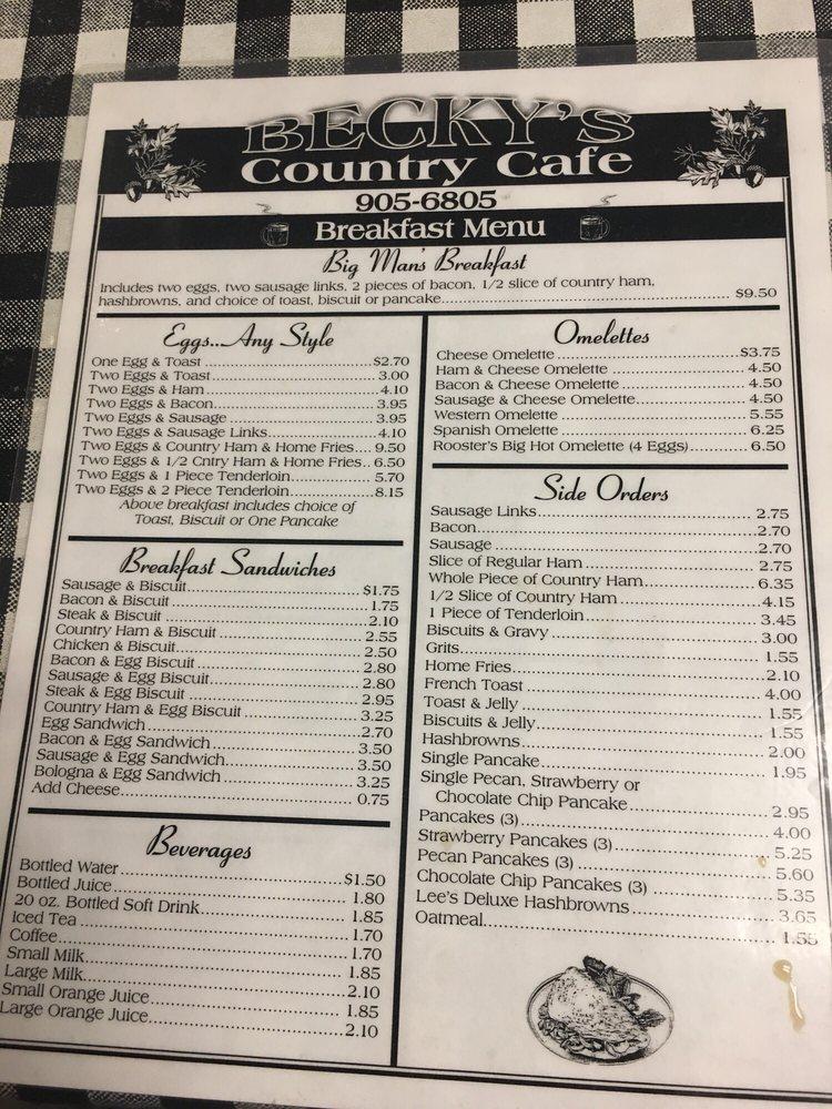 Menu at Becky's restaurant, Clarksville, Dover Rd