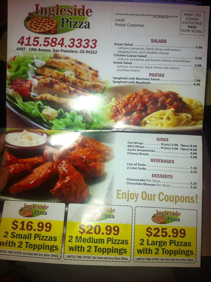 Menu at Ingleside Pizza pizzeria, San Francisco