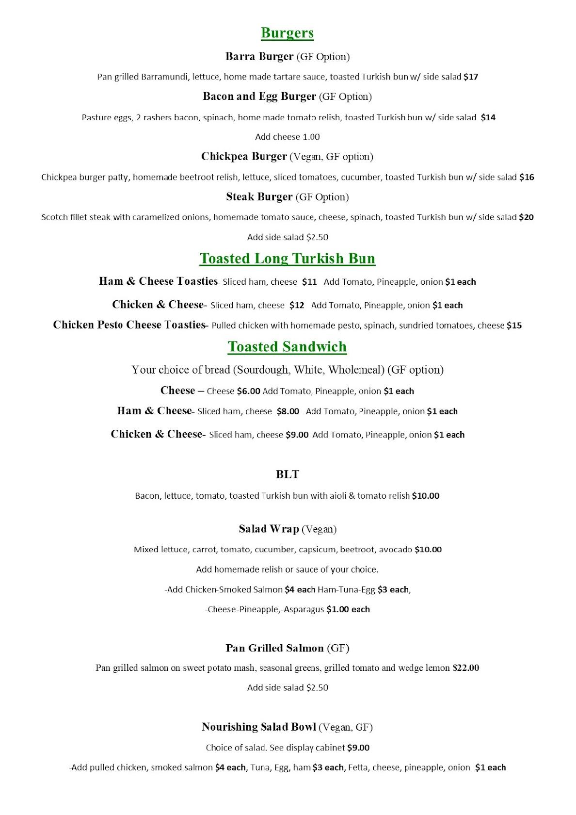 Menu at Nourishing the Soul Cafe, South Yunderup