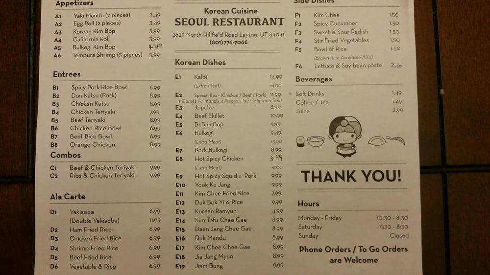 Menu at Seoul Korean Restaurant, Layton