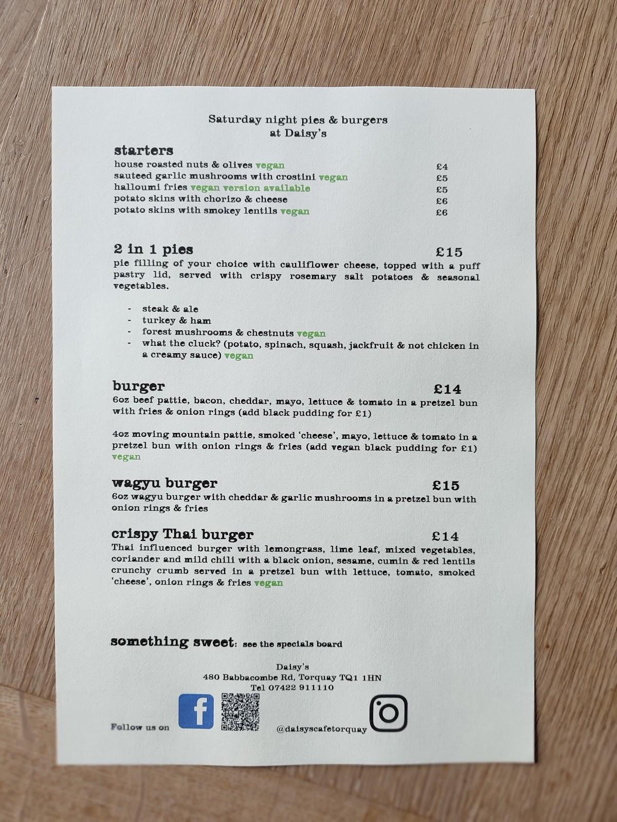 Menu at Daisy's cafe, Torquay, 480 Rd