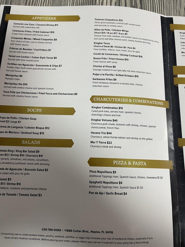 Menu at King’s Bar, Golden Gate