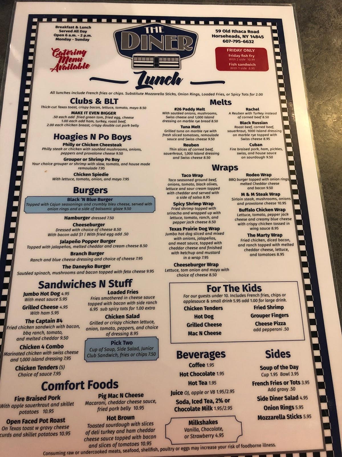 Menu at The Diner restaurant, Horseheads, 59 Old Ithaca Rd