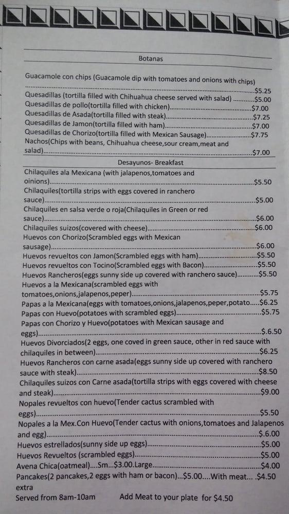 Menu at El Michoacano restaurant, East Chicago