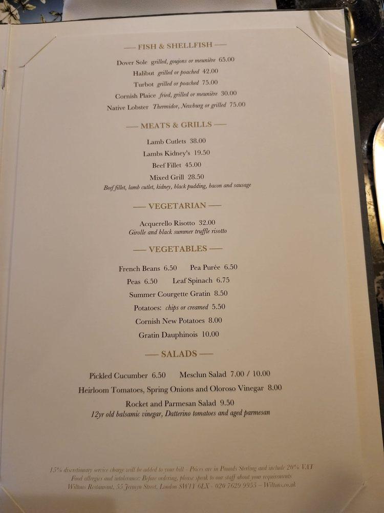 Menu at Wiltons Restaurant, London