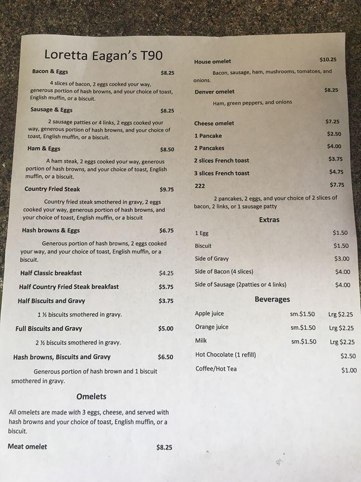 Menu at Eagans T90 restaurant, Tenino