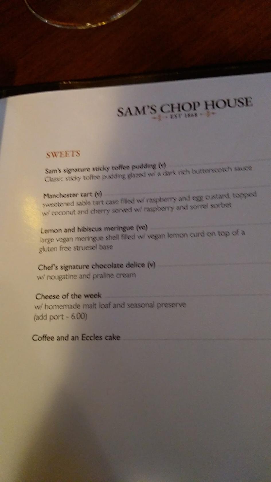 Menu at Sam's Chop House pub & bar, Manchester