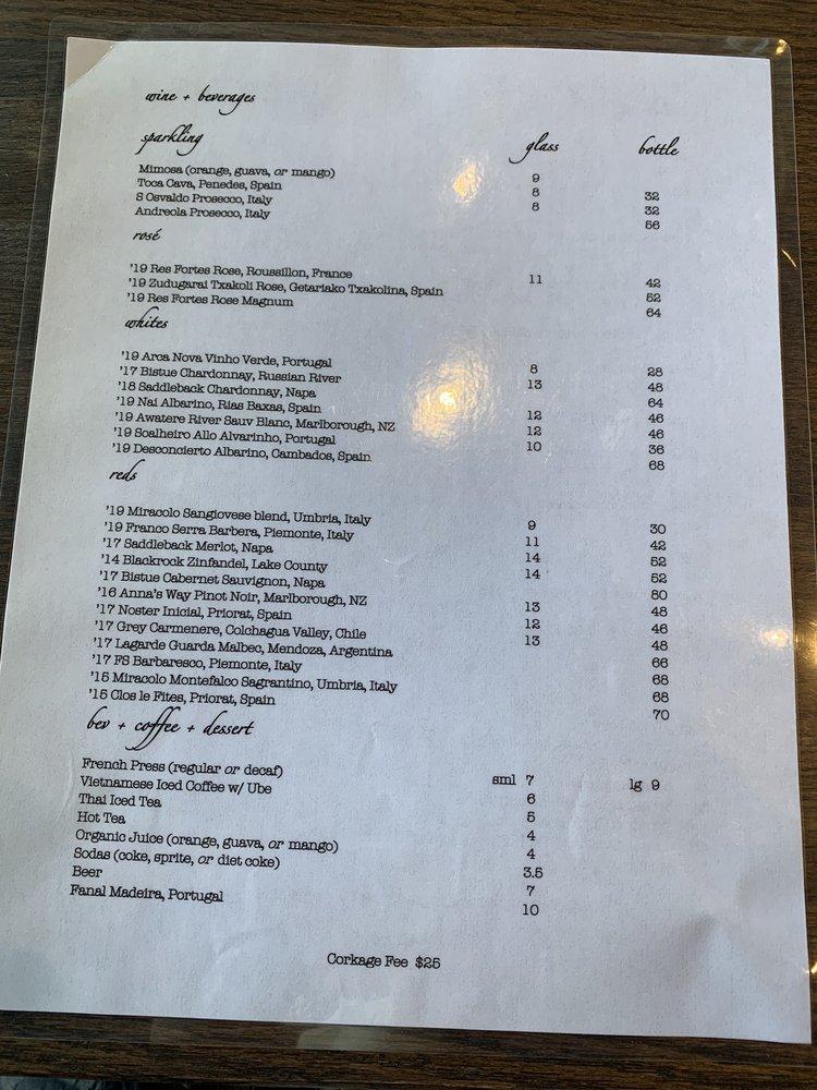 Menu at Alnico restaurant, San Francisco