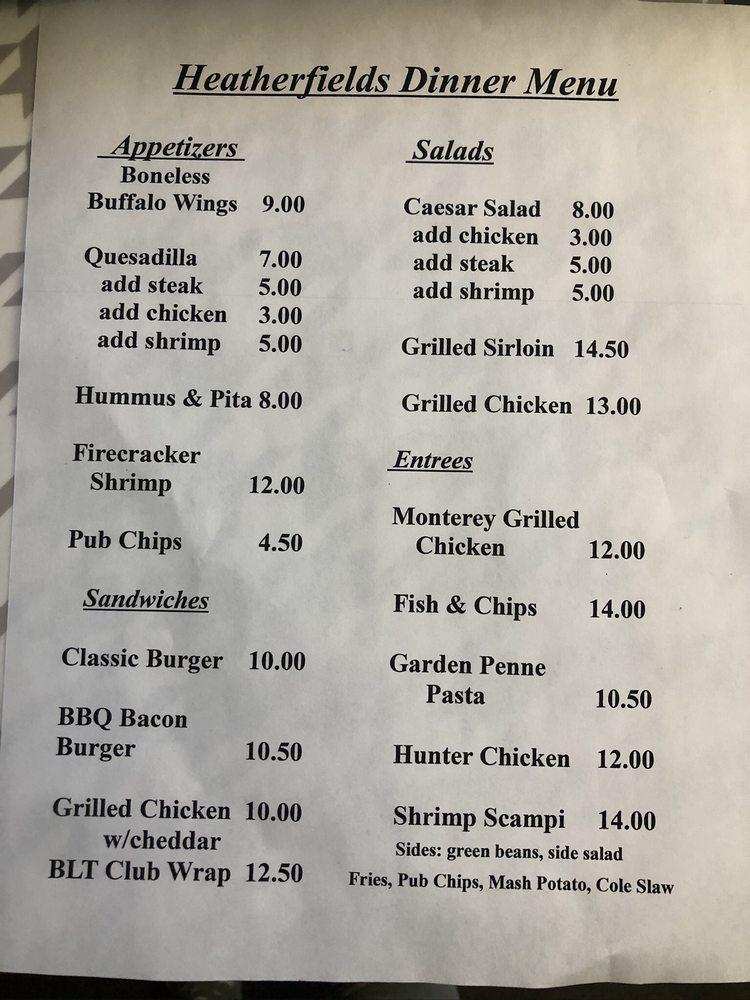 Menu at Heatherfields Restaurant and Lounge, Martinsburg