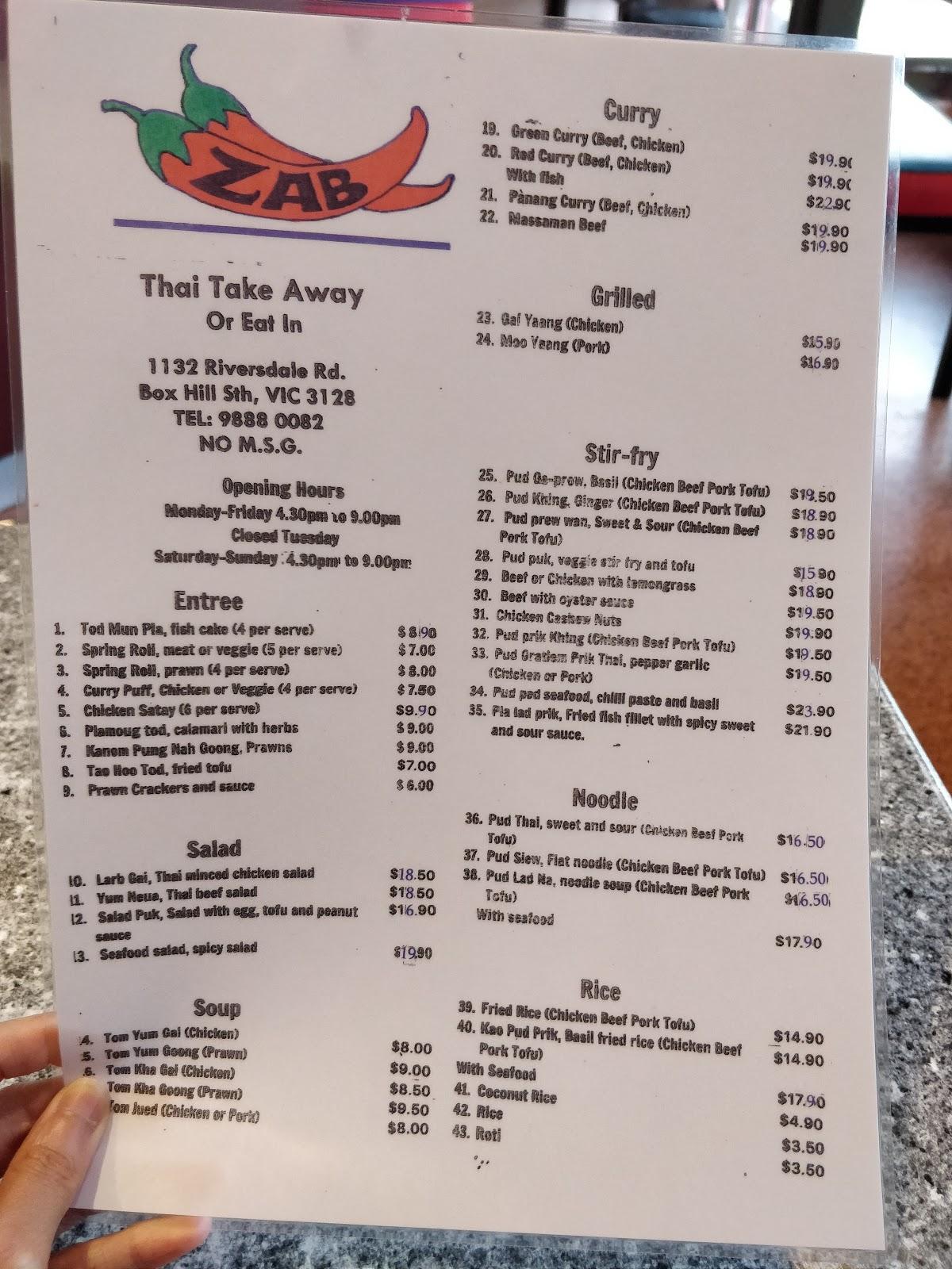 Menu at Zab thai takeaway fast food, Box Hill South