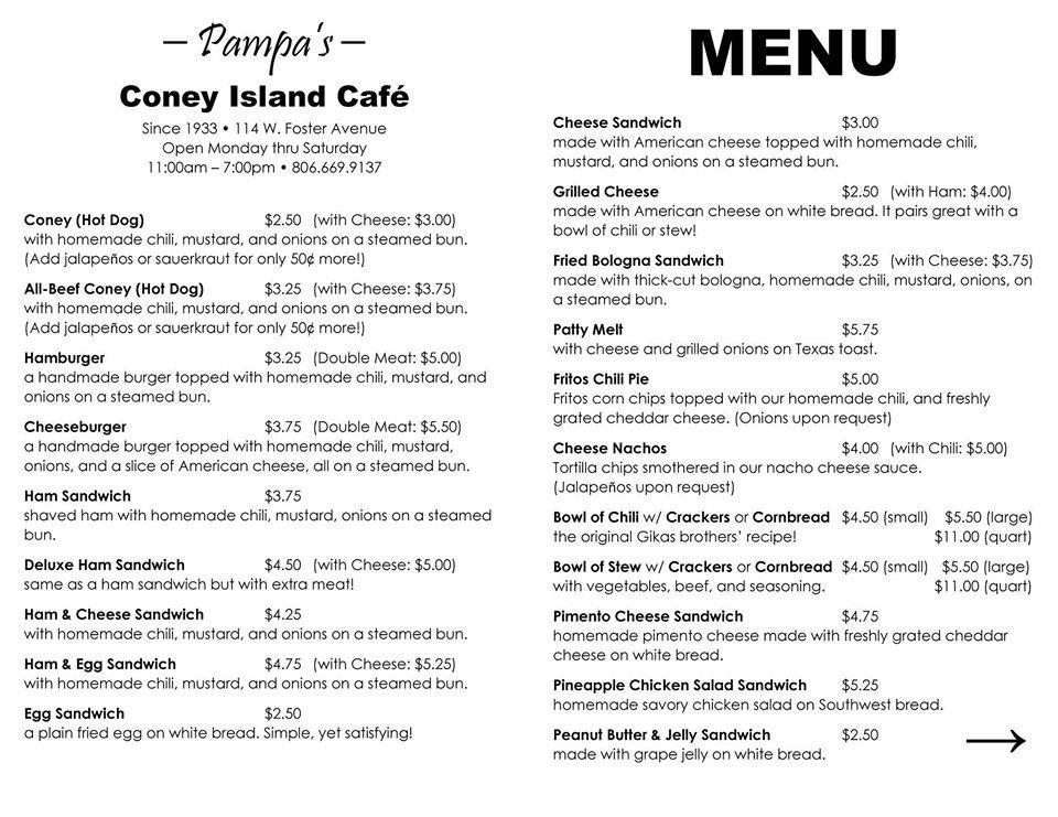 Menu at Coney Island Cafe, Pampa