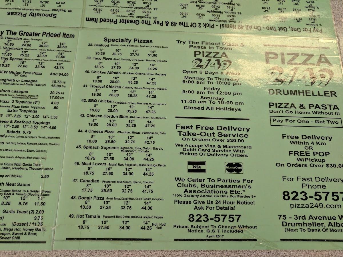 Menu at Pizza 249 pizzeria, Drumheller