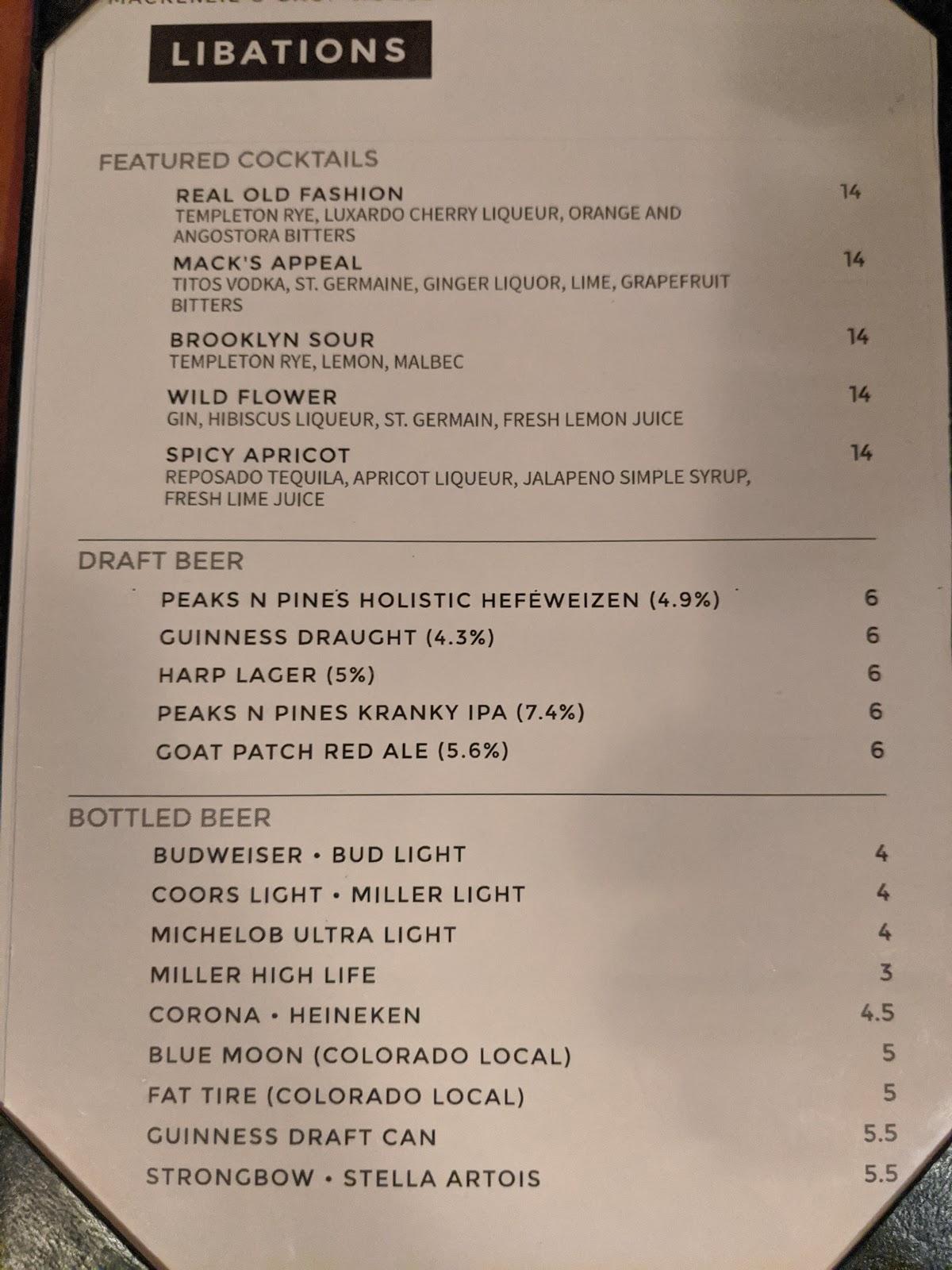 Menu at MacKenzie's Chop House steakhouse, Colorado Springs