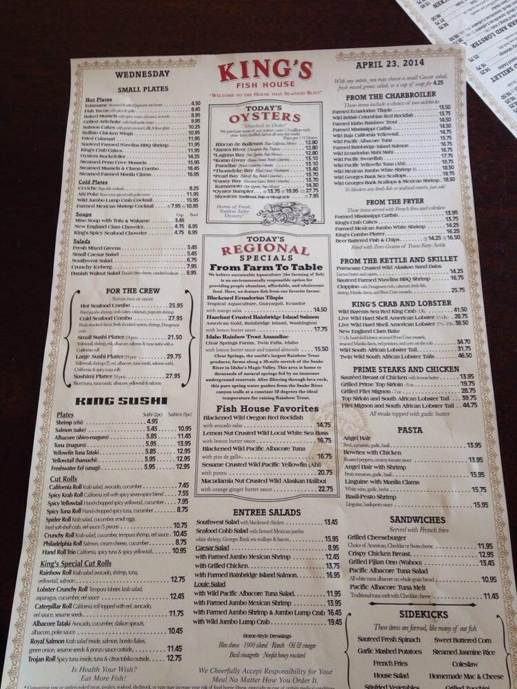 Menu at King's Fish House restaurant, Long Beach