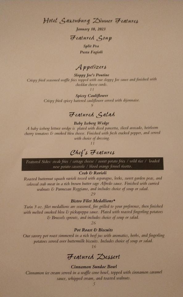 Menu at Hotel Saxonburg restaurant, Saxonburg