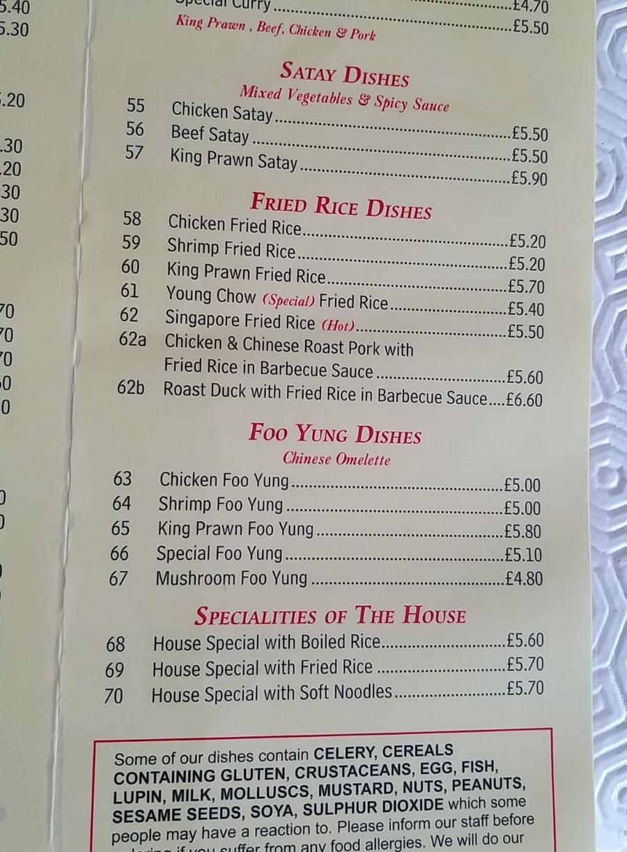 Menu at Jade House fast food, Perranporth