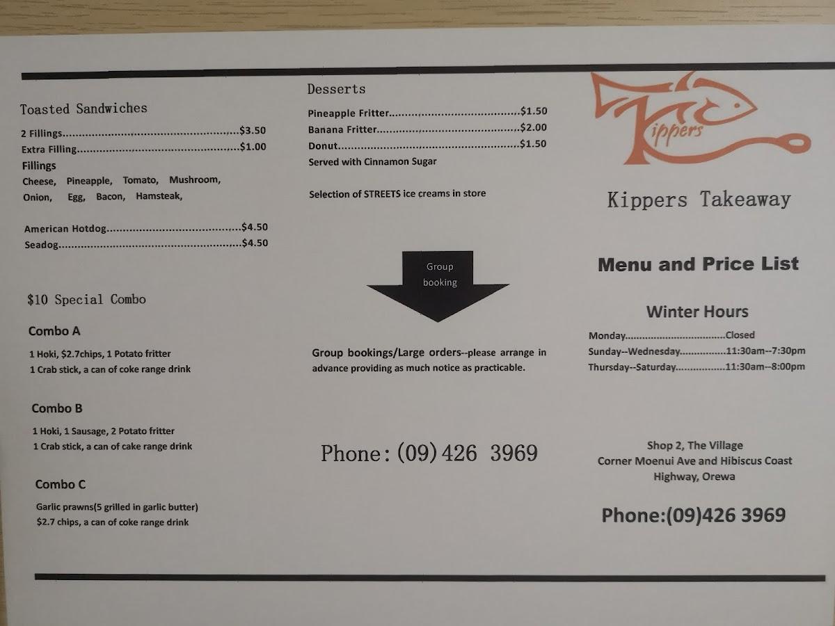 Menu at Kippers Takeaways fast food, Orewa