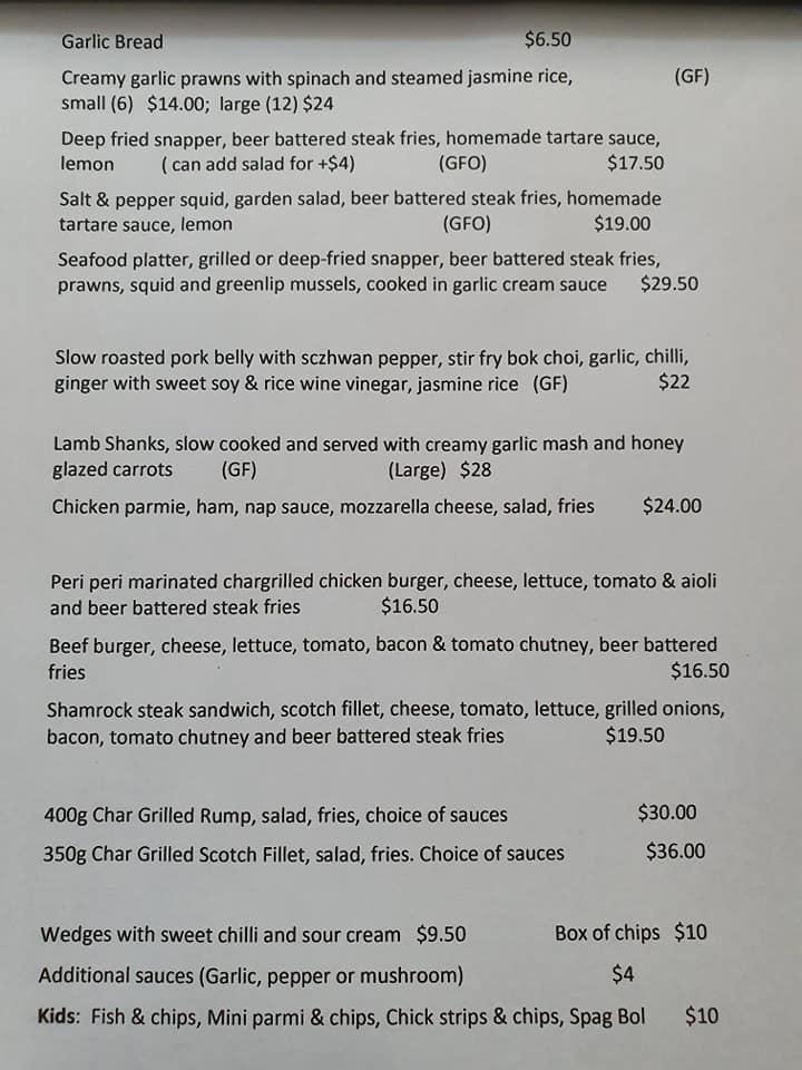 Menu at Shamrock Hotel Greenbushes pub & bar, Greenbushes