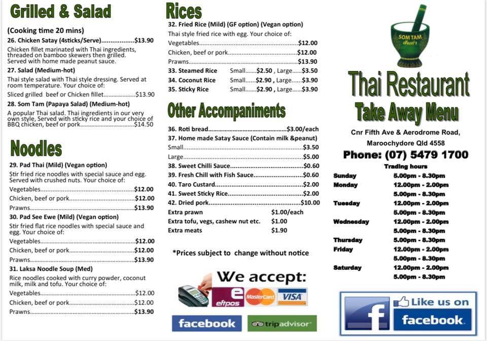 Menu at Som Tam Thai Restaurant, Maroochydore