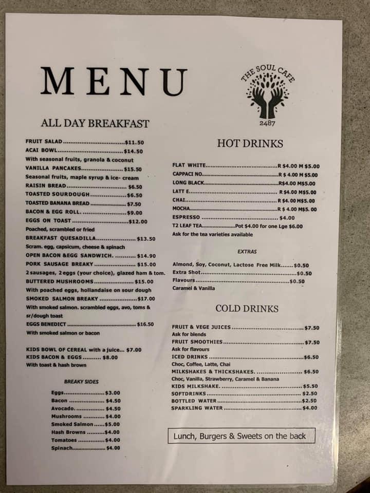 Menu at The Soul Cafe 2487, Kingscliff