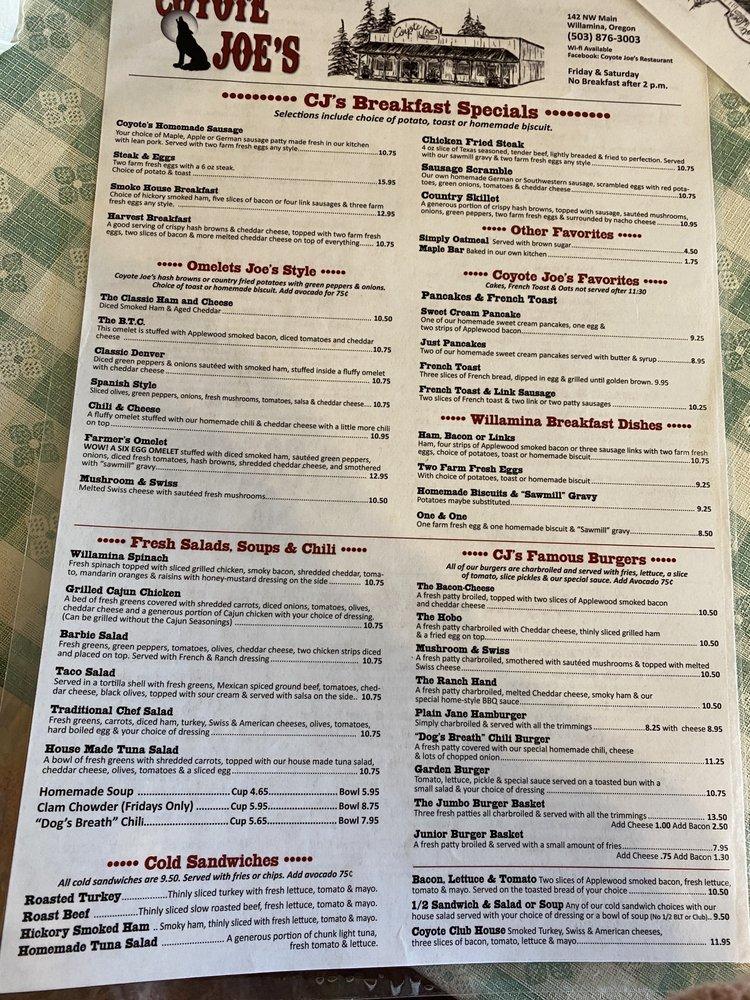 Menu at Coyote Joe's pub & bar, Willamina