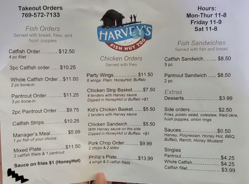 Menu at Harvey's Fish Hut Too restaurant, Pearl