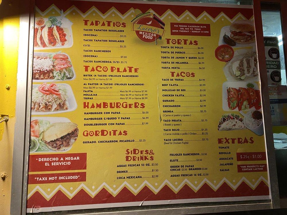 Menu at Lucero's Restaurant, Del Rio