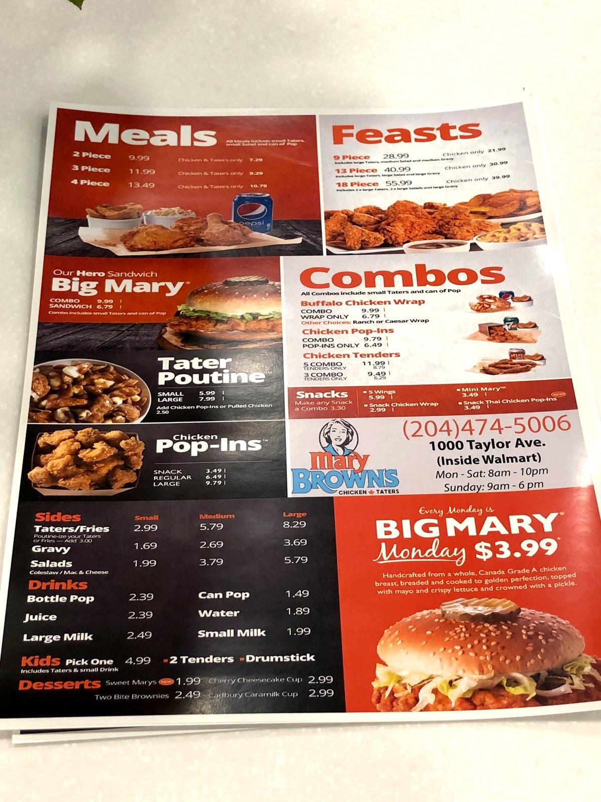 Menu at Mary Brown's Chicken restaurant, Winnipeg, 1000 Taylor Ave