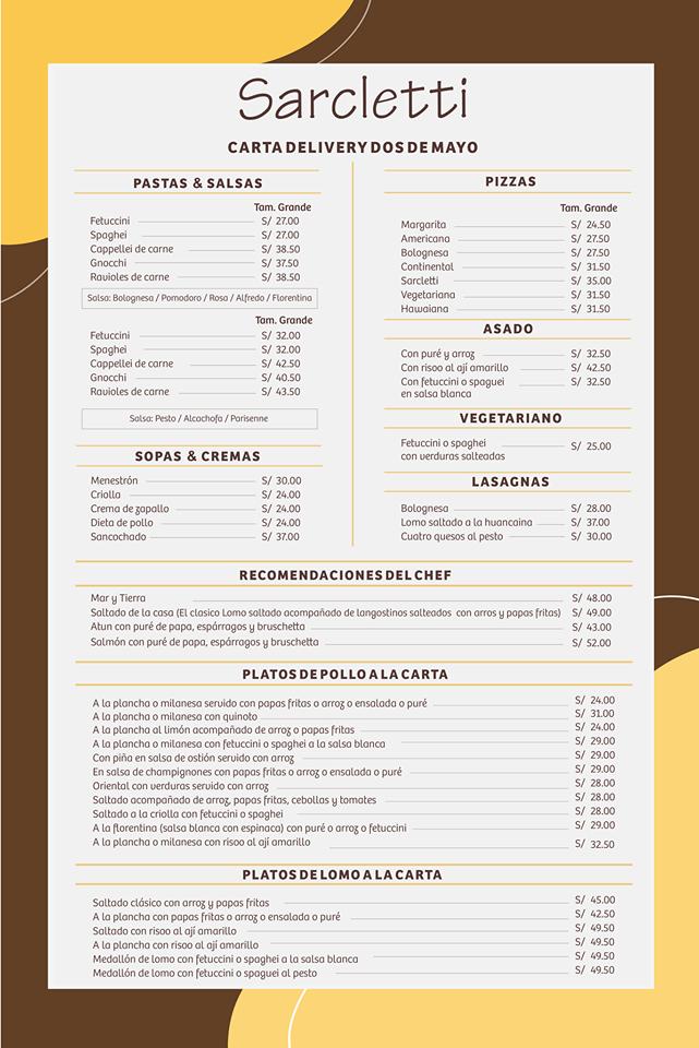 Carta del restaurante Sarcletti Dos del Mayo, San Isidro, San Isidro