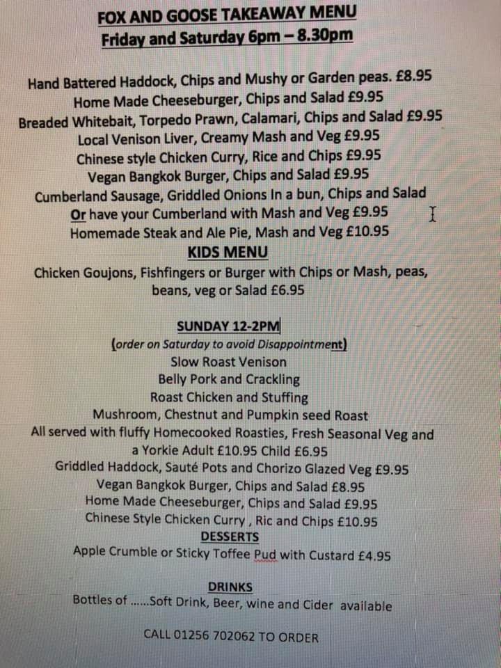 Menu at Fox & Goose pub & bar, Greywell, The St