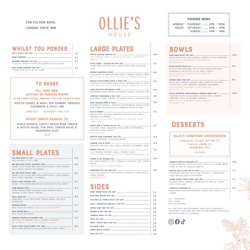 Carta de Ollie's House Restaurant (Chelsea), Londres