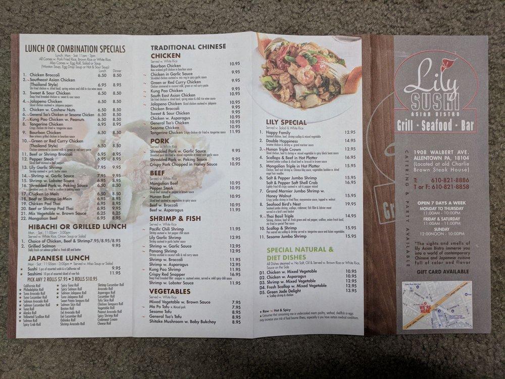 Menu at Lily Sushi Grill restaurant, Allentown