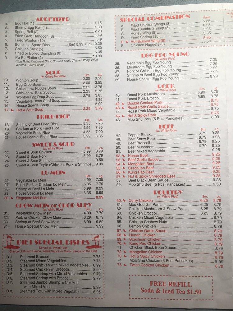 Menu at New China restaurant, Carrollton
