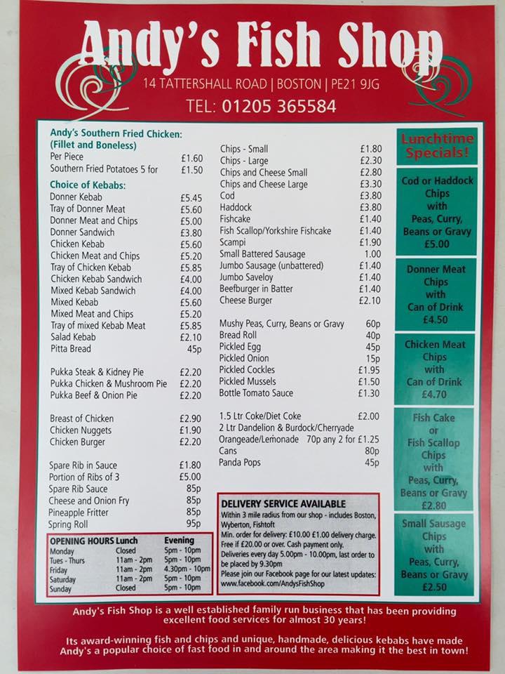 Menu at Andy's Fish & Chips restaurant, Boston