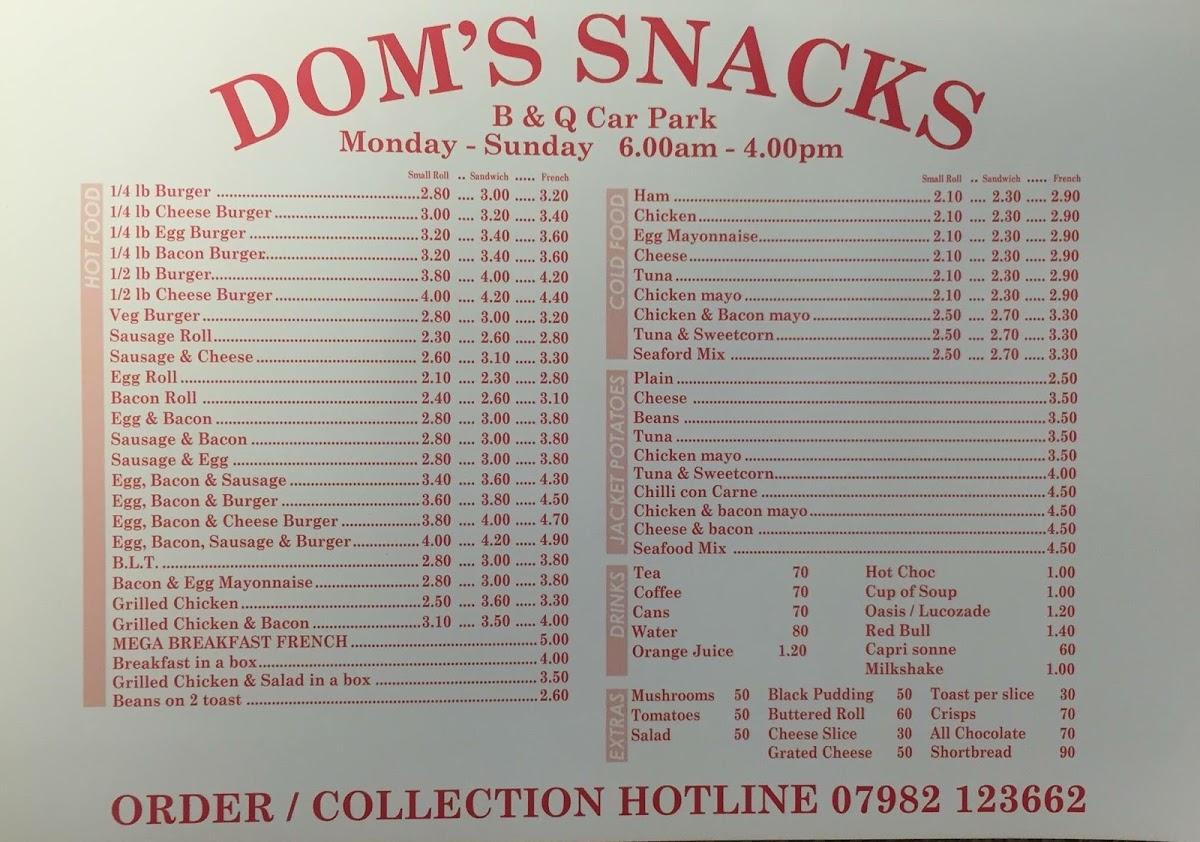 Menu at Dom's Snacks (B&Q) fast food, Welwyn Garden City