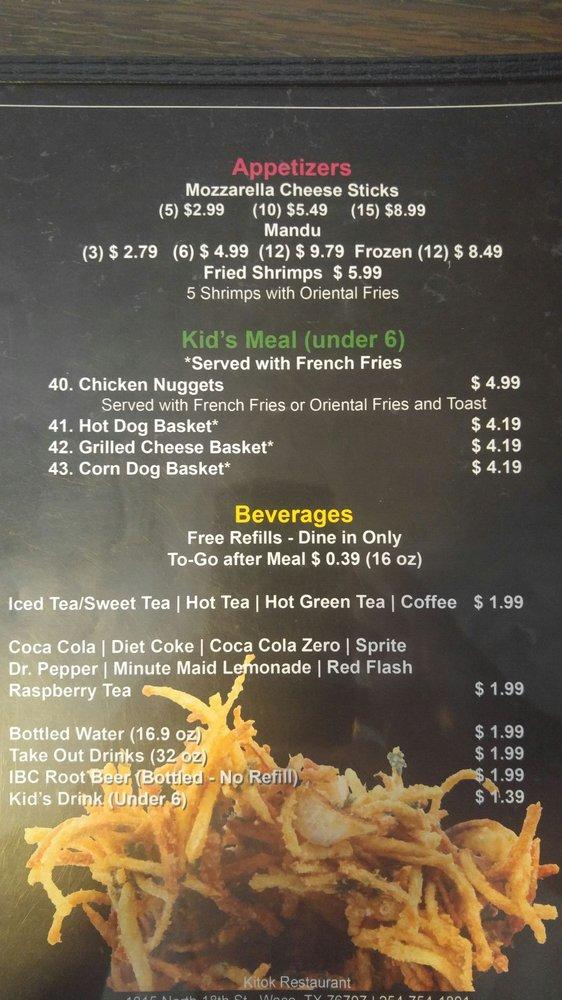 Menu at Kitok Restaurant, Waco