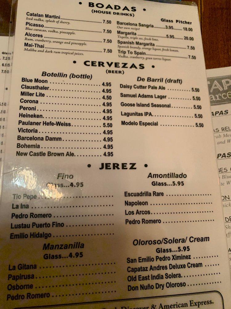 Menu at Tapas Barcelona, Evanston