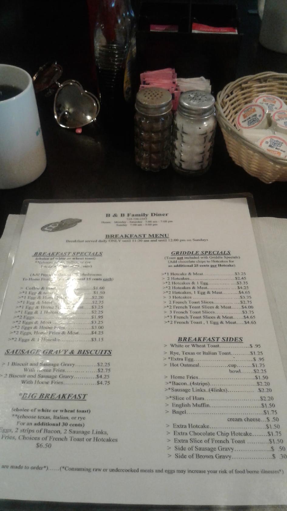 Menu At B & B Family Diner Restaurant, Perryopolis