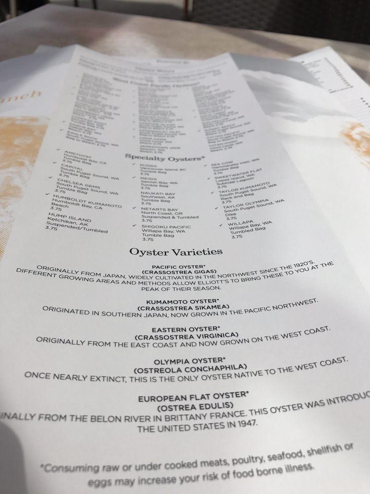 Menu at Elliott's Oyster House restaurant, Seattle